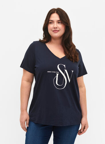 T-Shirt aus Baumwolle mit Druck, Navy Blazer SUN, Model image number 0