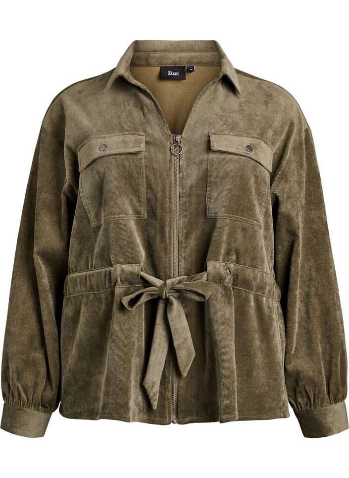 Hemdjacke aus Cord mit Bindegürtel und Taschen, Grün, Packshot image number 0