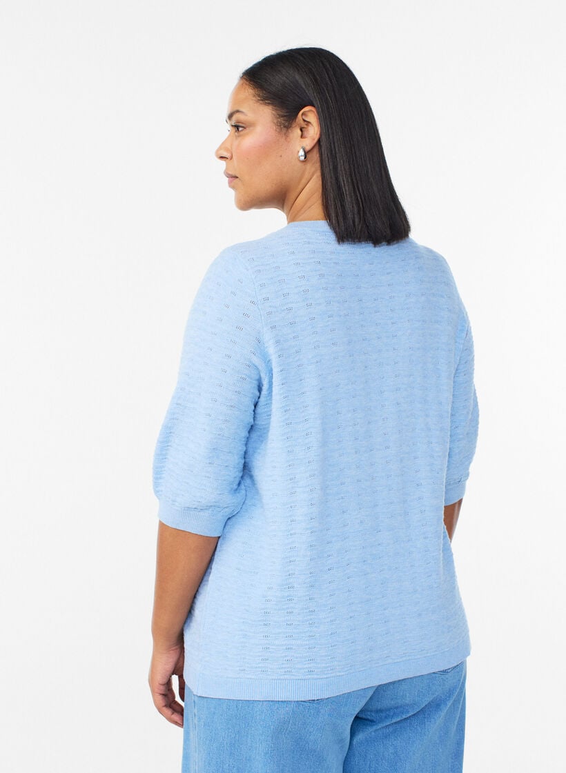Strickbluse mit Strukturmuster und kurzen &Auml;rmeln, Blau, Model image number 2