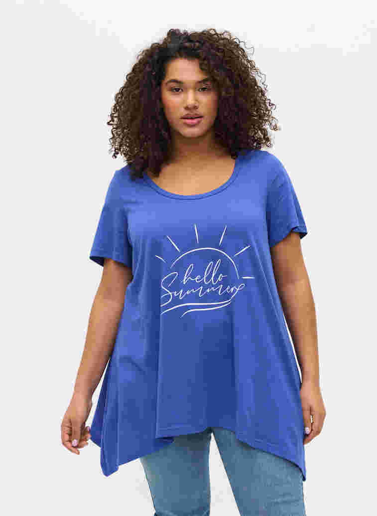 Kurzarm T-Shirt aus Baumwolle mit A-Linie, Dazzling Blue HELLO , Model