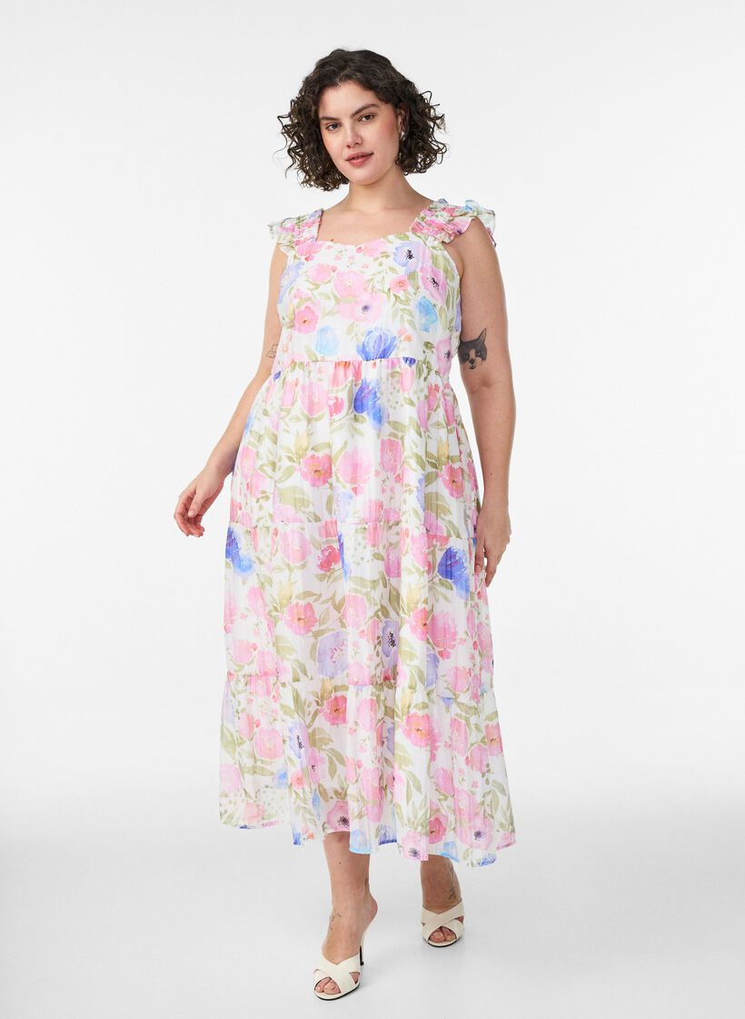 Langes gebl&uuml;mtes Kleid aus Lyocell mit R&uuml;schen, Wei&szlig;, Model image number 0