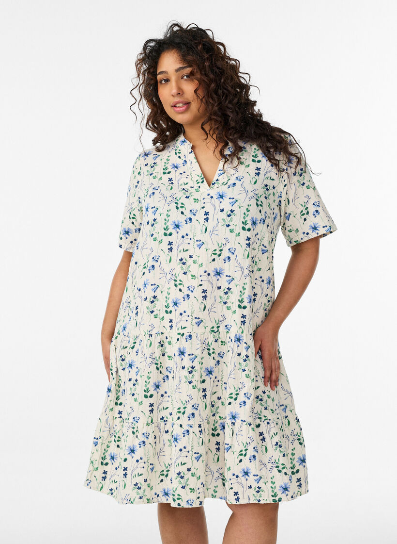 Kurzes A-Linien-Kleid aus Baumwollmusselin, Beige, Model image number 0