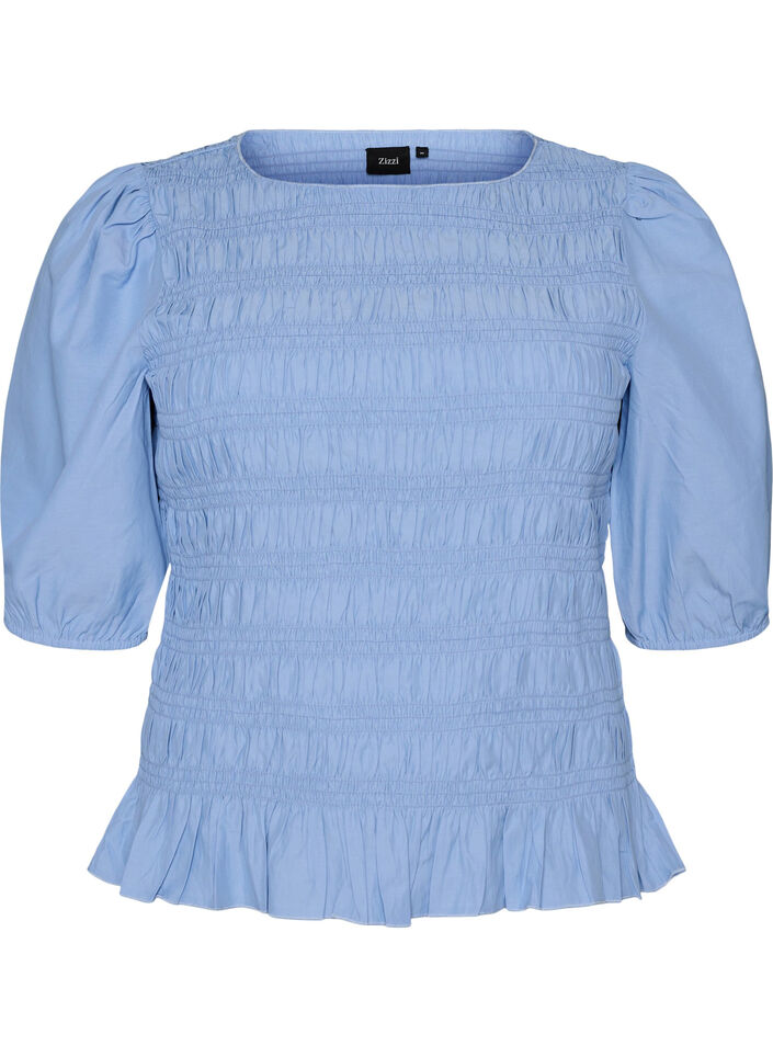 Smockbluse mit R&uuml;schensaum und U-Boot-Ausschnitt, Blau, Packshot image number 0