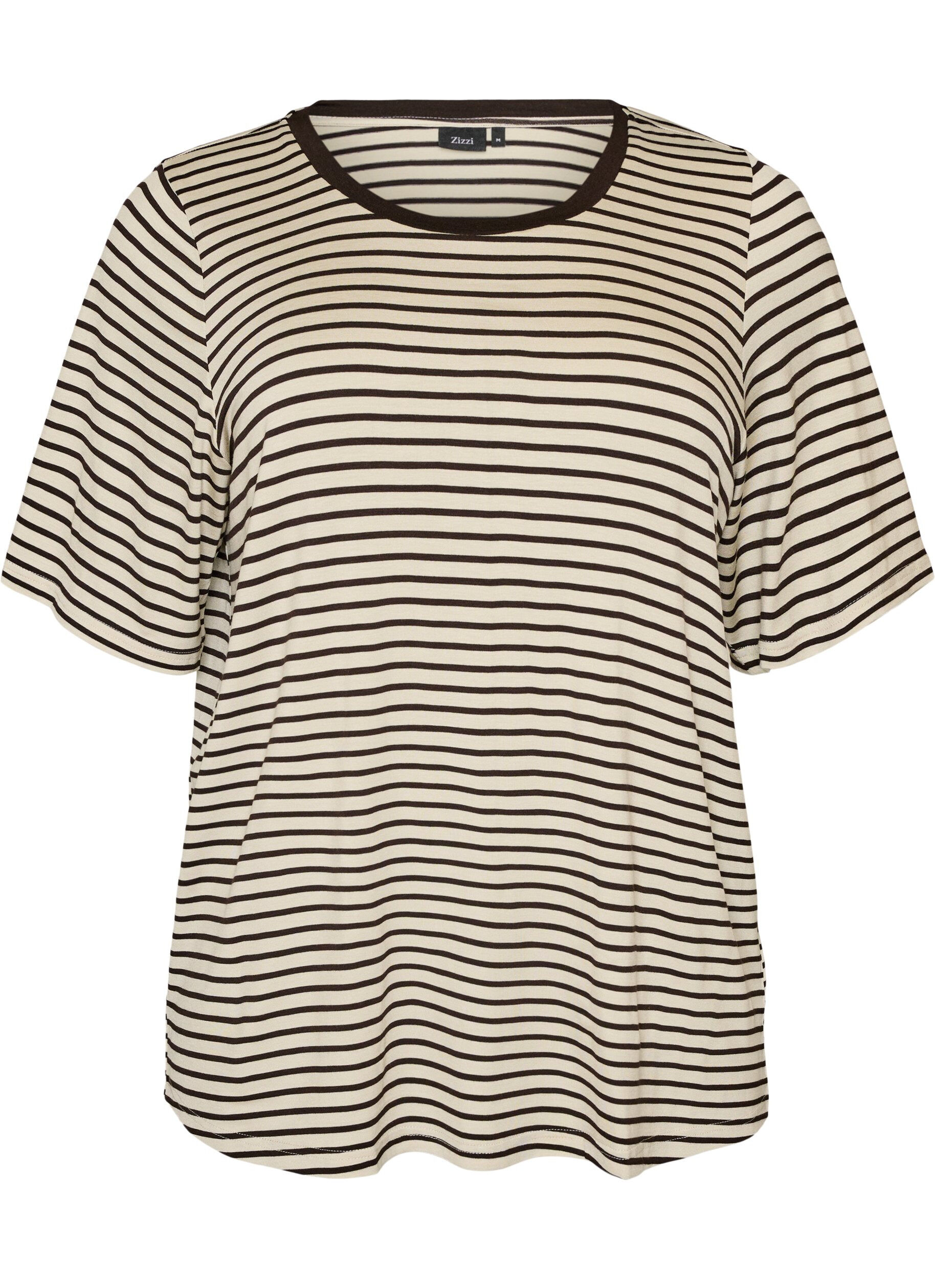 ZizziGestreiftes T-Shirt aus TENCEL&trade; Lyocell, Braun, Packshot image number 0