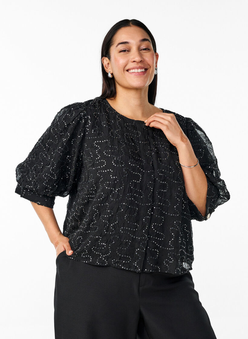 Partybluse mit Pailletten und halblangen Ärmeln, Schwarz, Model image number 0