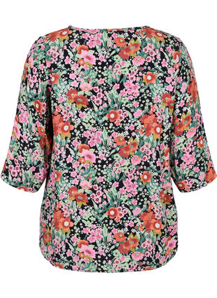 Bluse mit 3/4-Ärmeln und Blumenprint, Green Flower AOP, Packshot image number 1