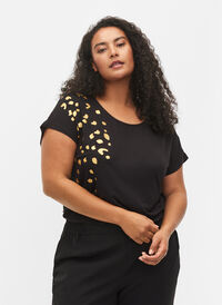 Kurzärmeliges Viskose-T-Shirt mit Golddruck, Black Gold , Model