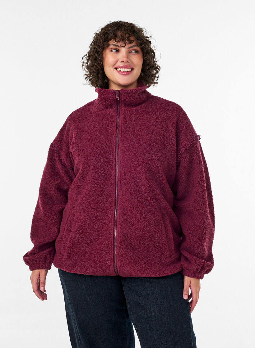 Teddyjacke mit Details aus Lochstickerei und hohem Kragen, Rot, Model image number 0