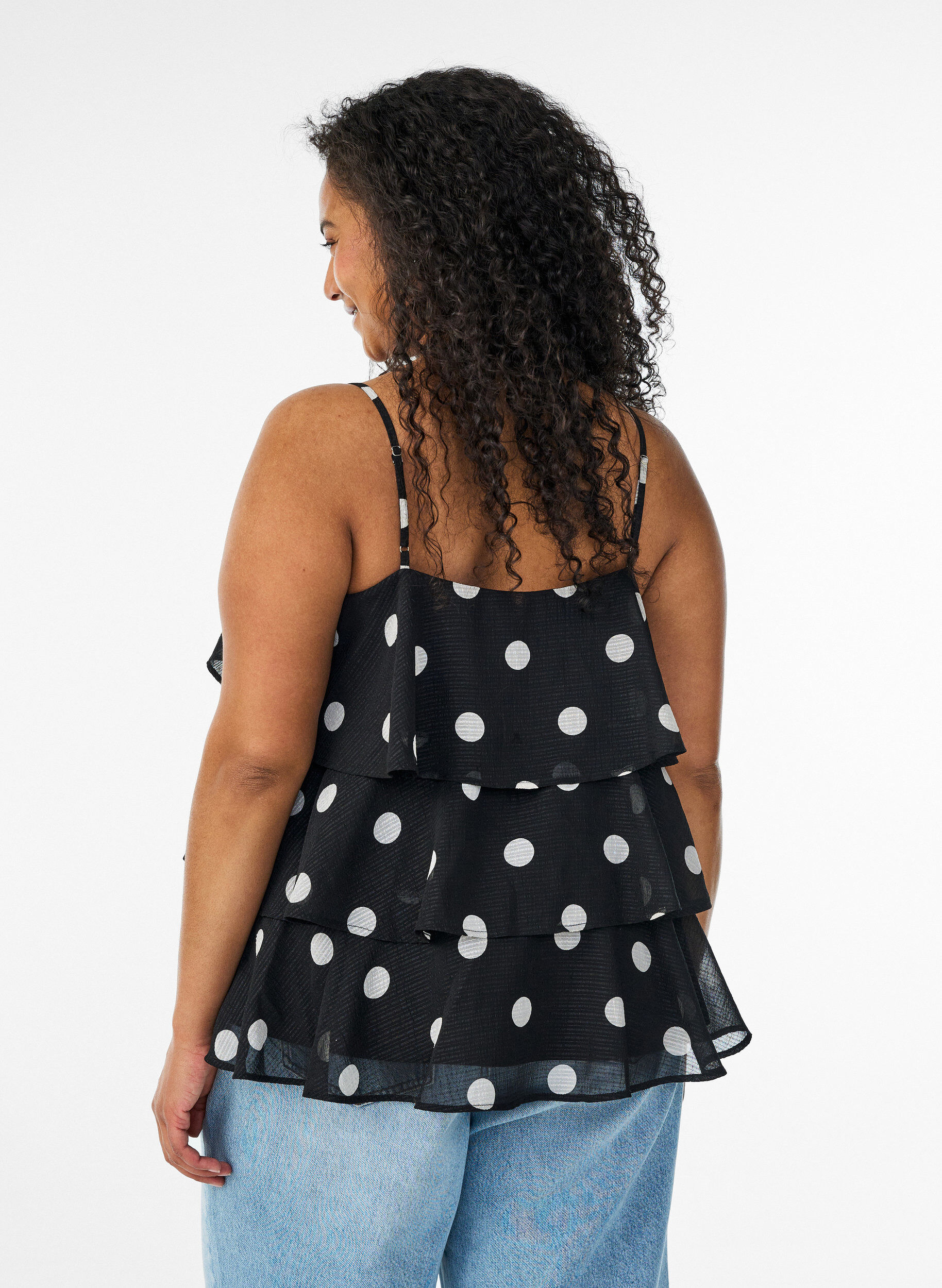 ZizziLagen-Top mit R&uuml;schen und Spaghettitr&auml;gern, Schwarz, Model image number 2