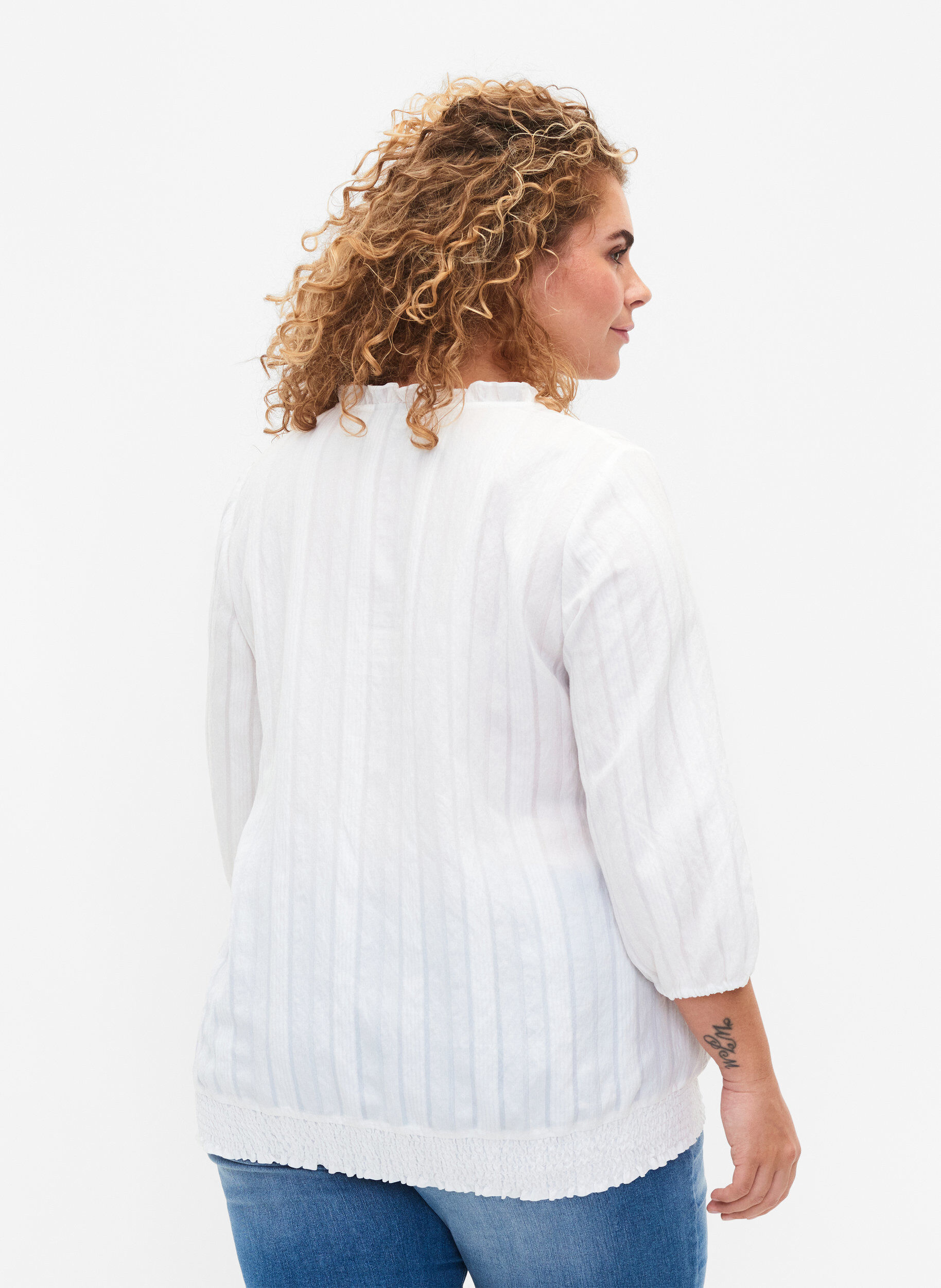 Zizzi Viskose Bluse mit 3/4 &Auml;rmeln und Smock, Bright White, Model image number 1