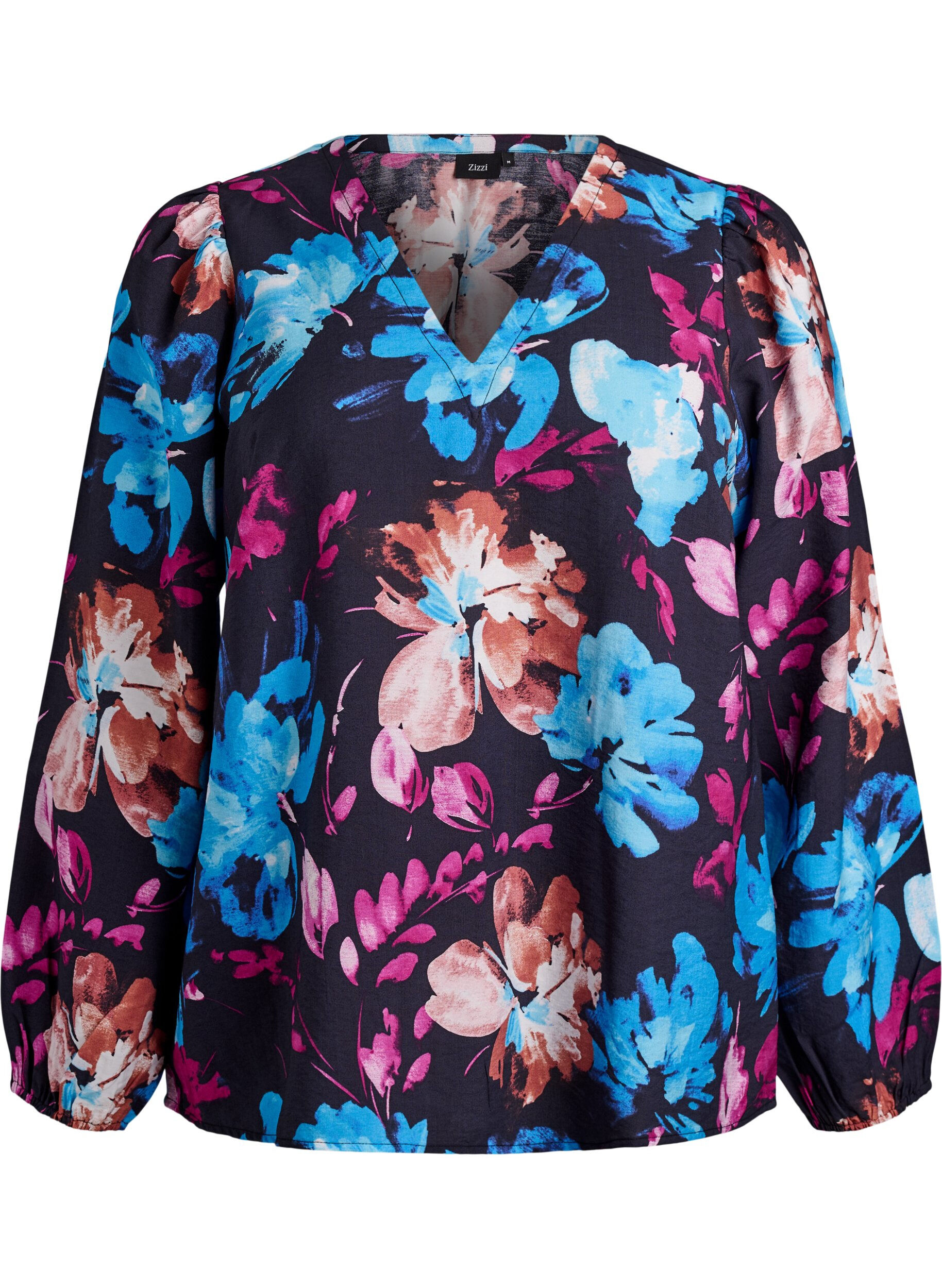 Zizzi Bluse aus Viskose mit gebl&uuml;mtem Print und langen &Auml;rmeln, Schwarz, Packshot image number 0