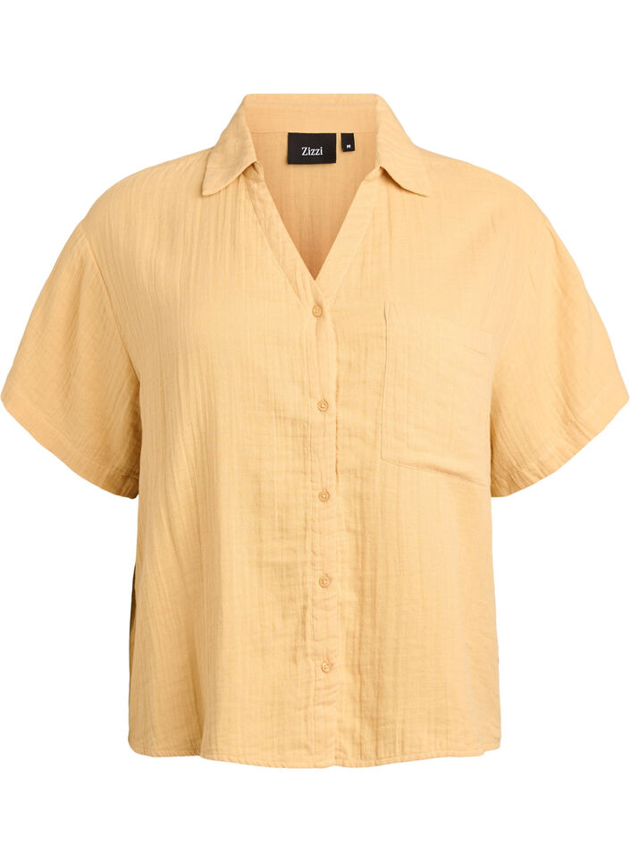 Bluse aus Baumwoll-Musselin mit kurzen &Auml;rmeln, Gelb, Packshot image number 0