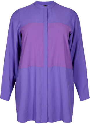 Lange Hemdbluse mit Color-Block, Purple Block, Packshot image number 0