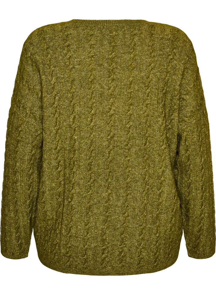 Bluse aus Strick mit Zopfmuster und V-Ausschnitt, Gr&uuml;n, Packshot image number 1