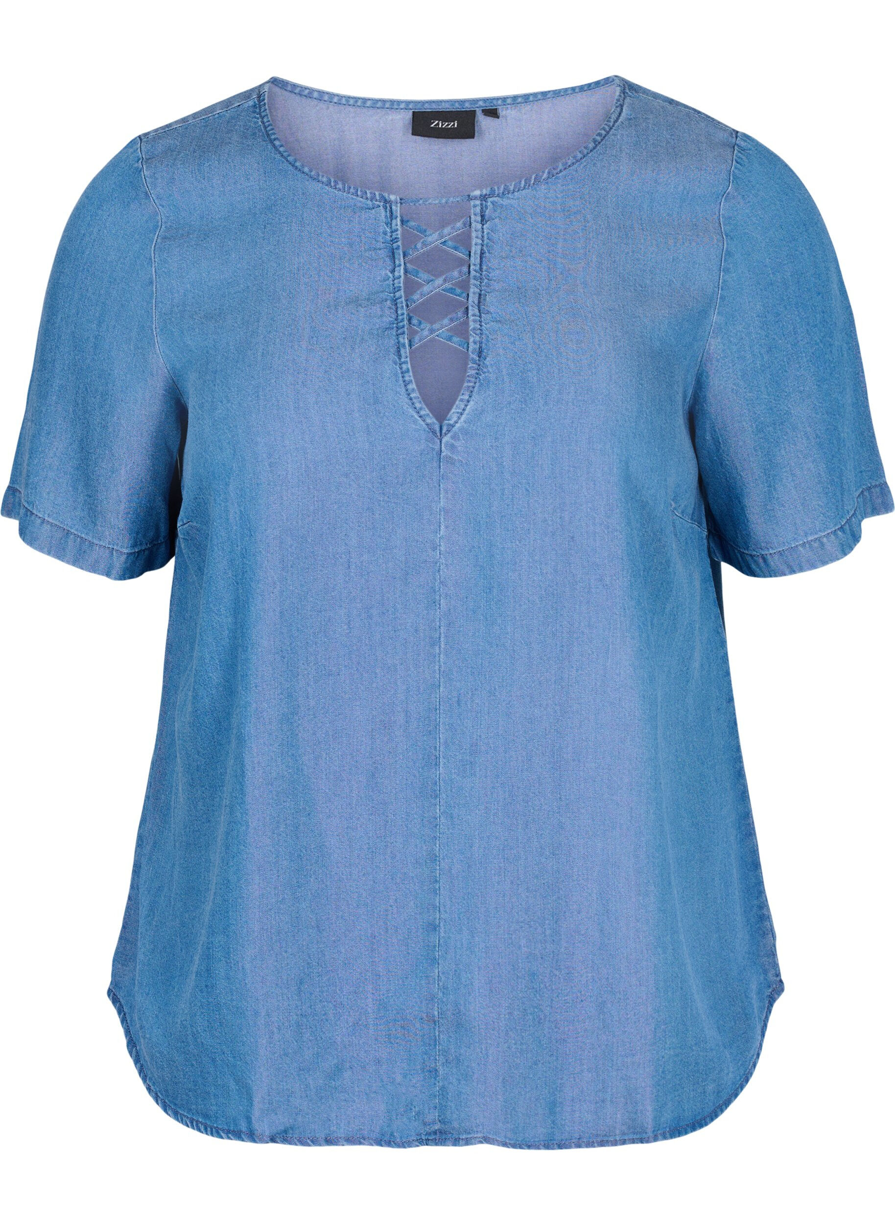 Zizzi Kurz&auml;rmelige Bluse aus Lyocell (TENCEL&trade;) , Blue denim, Packshot image number 0