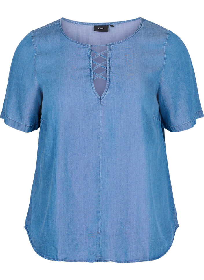 Kurzärmelige Bluse aus Lyocell (TENCEL™) , Blue denim, Packshot image number 0