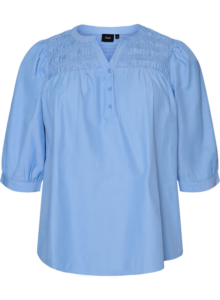 Bluse mit Smock und 3/4-&Auml;rmeln, Blau, Packshot image number 0