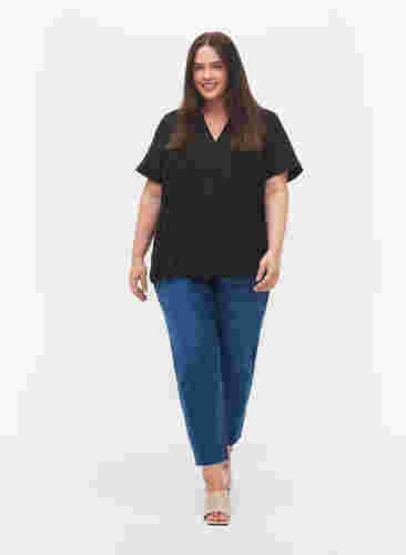 Kurzärmelige Bluse mit V-Ausschnitt, Black, Model image number 2