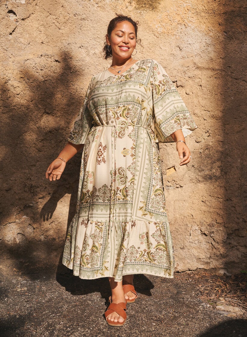 Gemustertes Midikleid aus Viskose mit Bindeg&uuml;rtel, Gr&uuml;n, Image image number 0