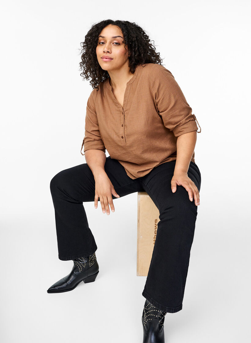 Hemdbluse aus Baumwolle mit V-Ausschnitt, Coca Mocha, Image image number 0