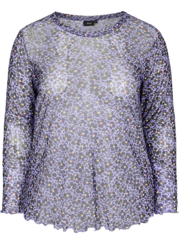 Enganliegende Mesh-Bluse mit Blumenmuster, Purple AOP, Packshot image number 0