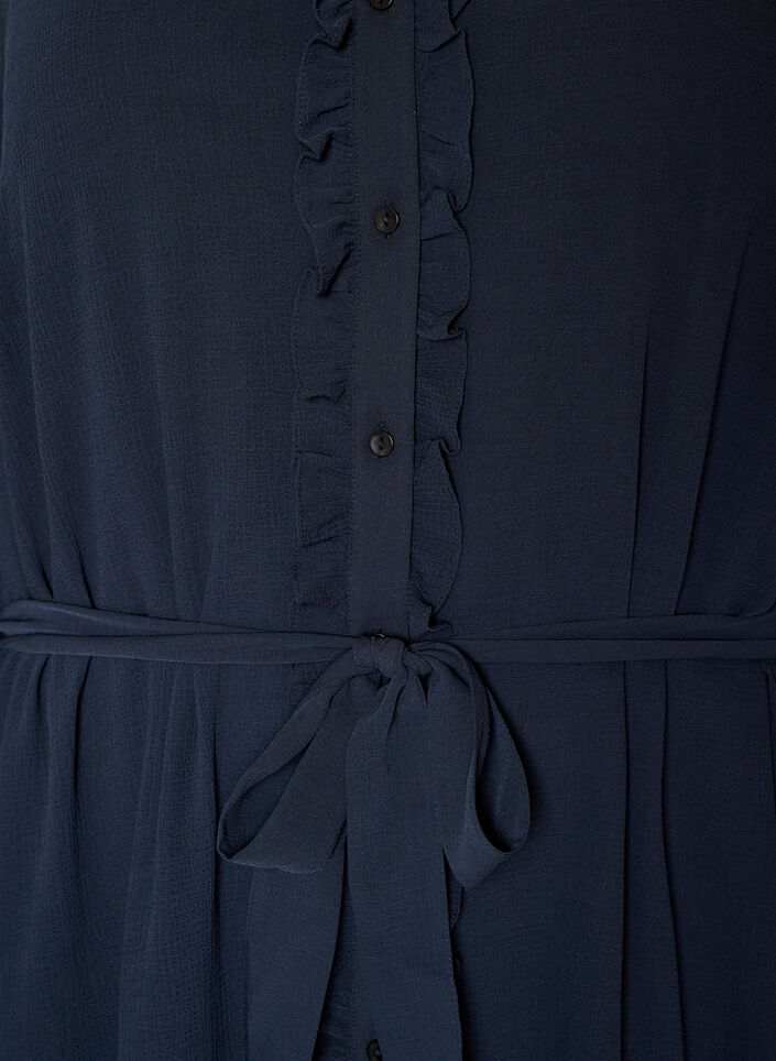 Kurzes Kleid mit R&uuml;schendetails und Bindeg&uuml;rtel, Blau, Packshot image number 2