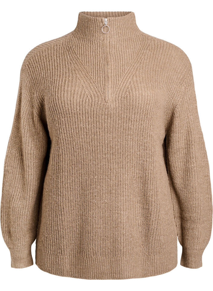 Strickpullover mit hohem Kragen und Rei&szlig;verschluss, Braun, Packshot image number 0