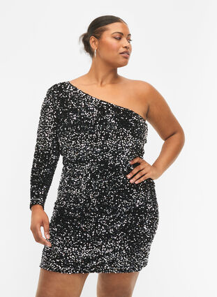 Kurzes One-Shoulder-Kleid mit Pailletten, Black/Silver Sequins, Model image number 0