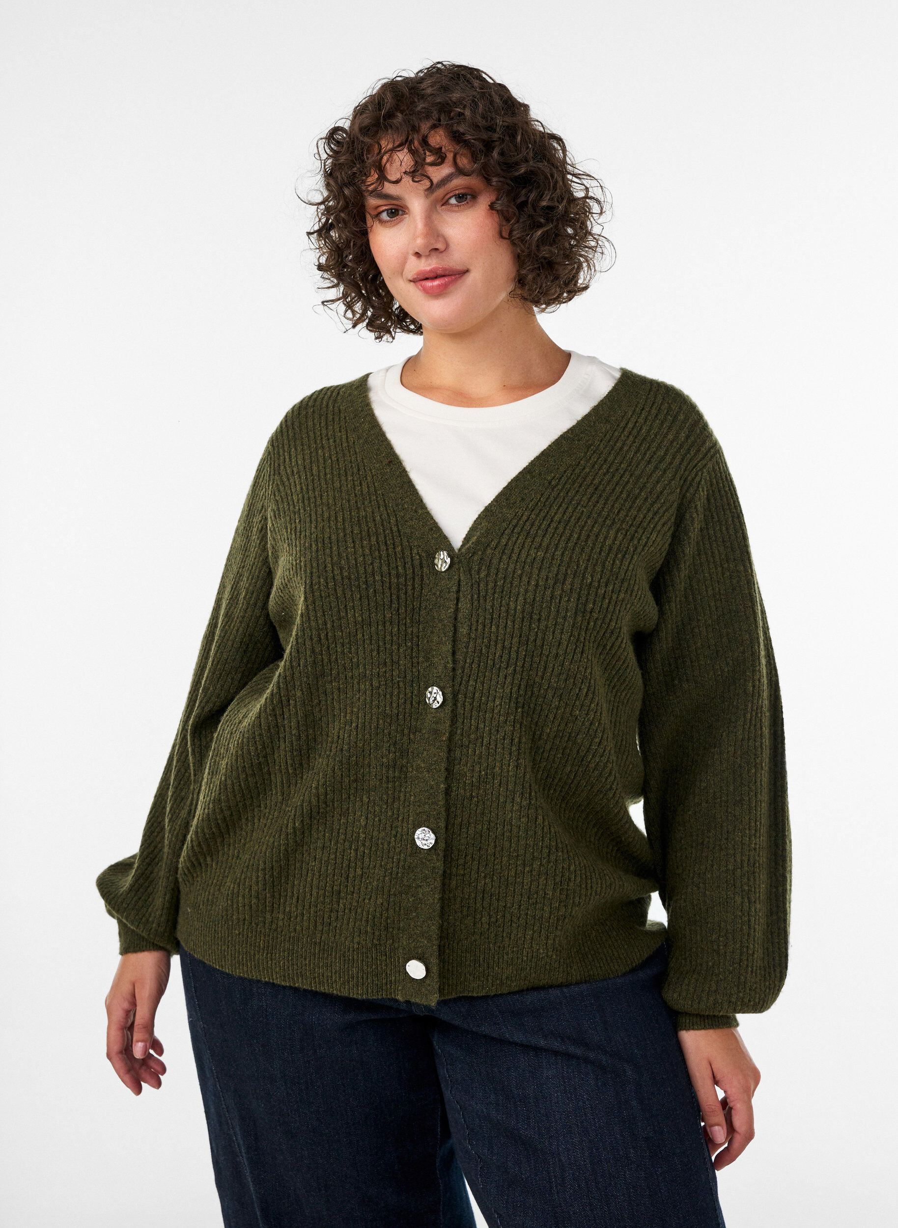 ZizziStrickjacke mit V-Ausschnitt und Rippstruktur, Gr&uuml;n, Model image number 0
