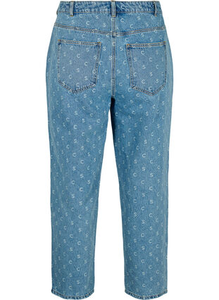 Cropped Jeans mit Aufdruck und hoher Taille, Blue denim, Packshot image number 1