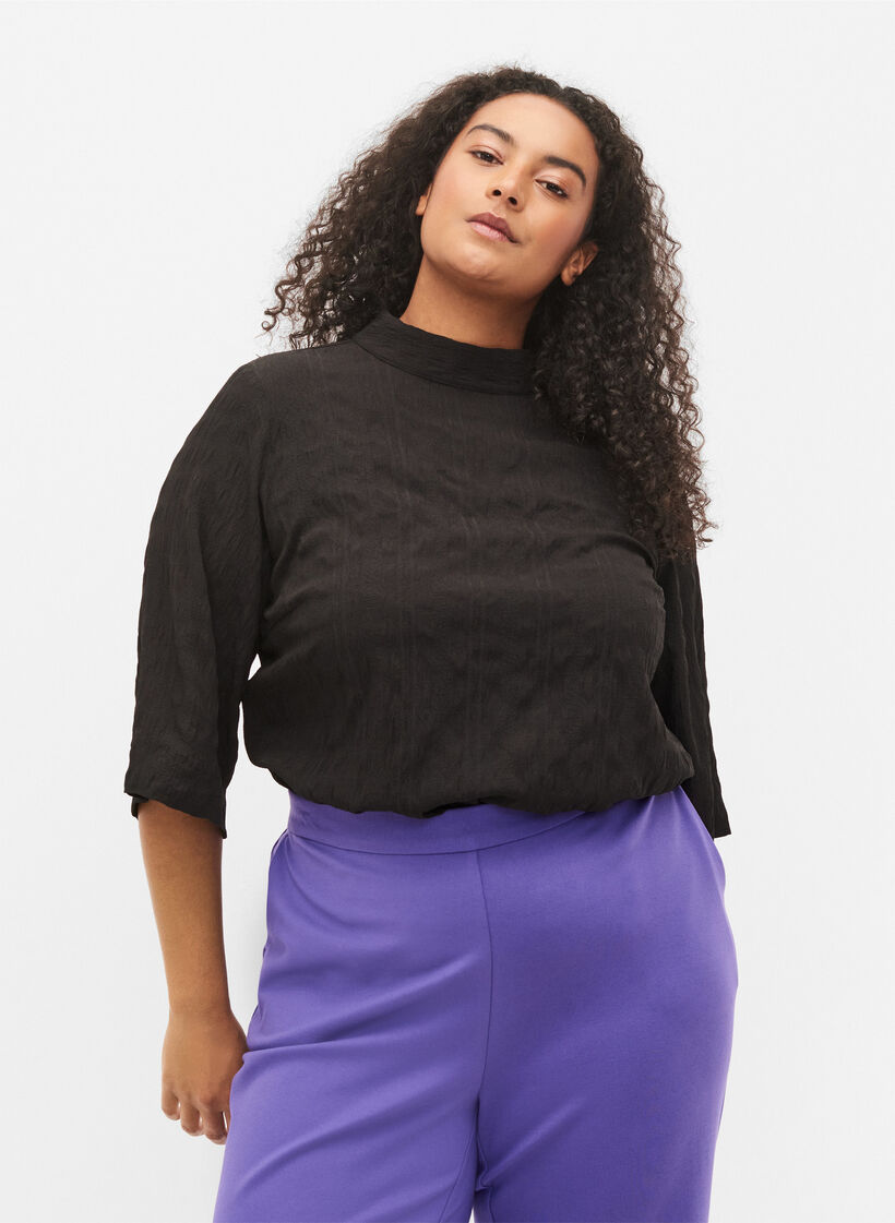Bluse mit hohem Halsausschnitt und 3/4 Ärmeln, Black, Model image number 0