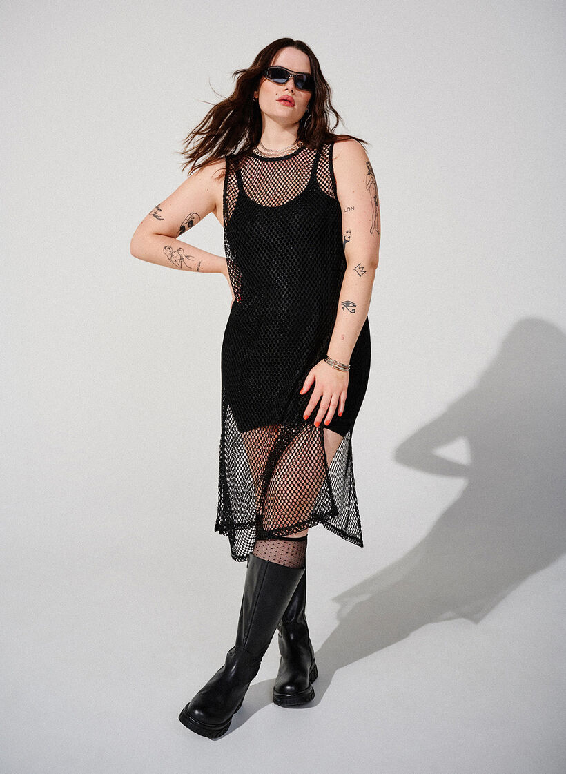 Ärmelloses Mesh-Kleid mit Schlitz, Black, Image