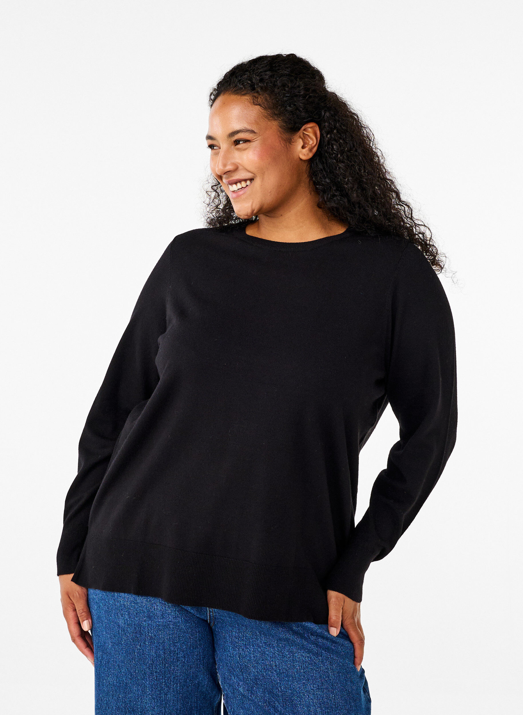 Zizzi Strickbluse mit langen &Auml;rmeln und Schlitz, Schwarz, Model image number 0