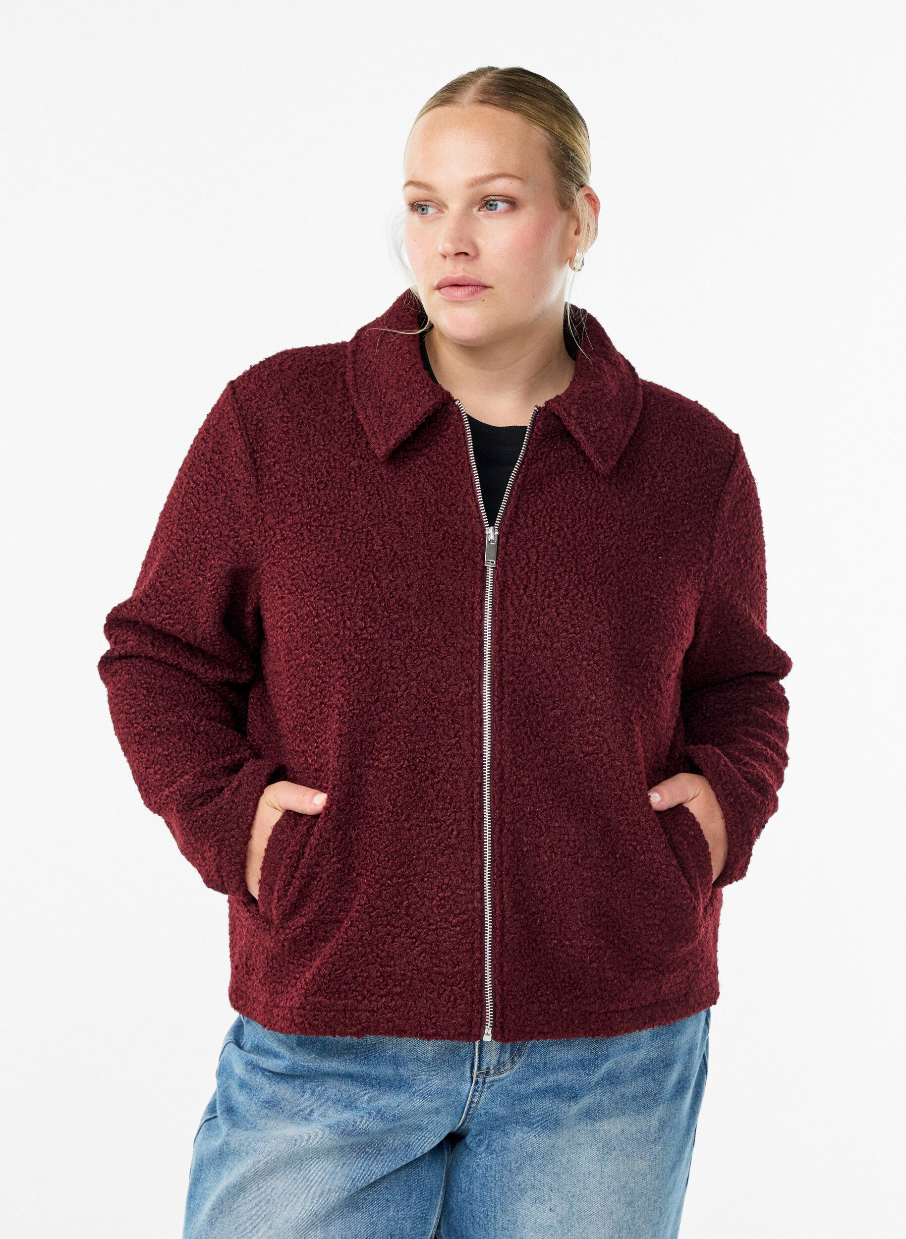 Zizzi Kurze Jacke mit Rei&szlig;verschluss, Dunkles Bordeaux, Model image number 0