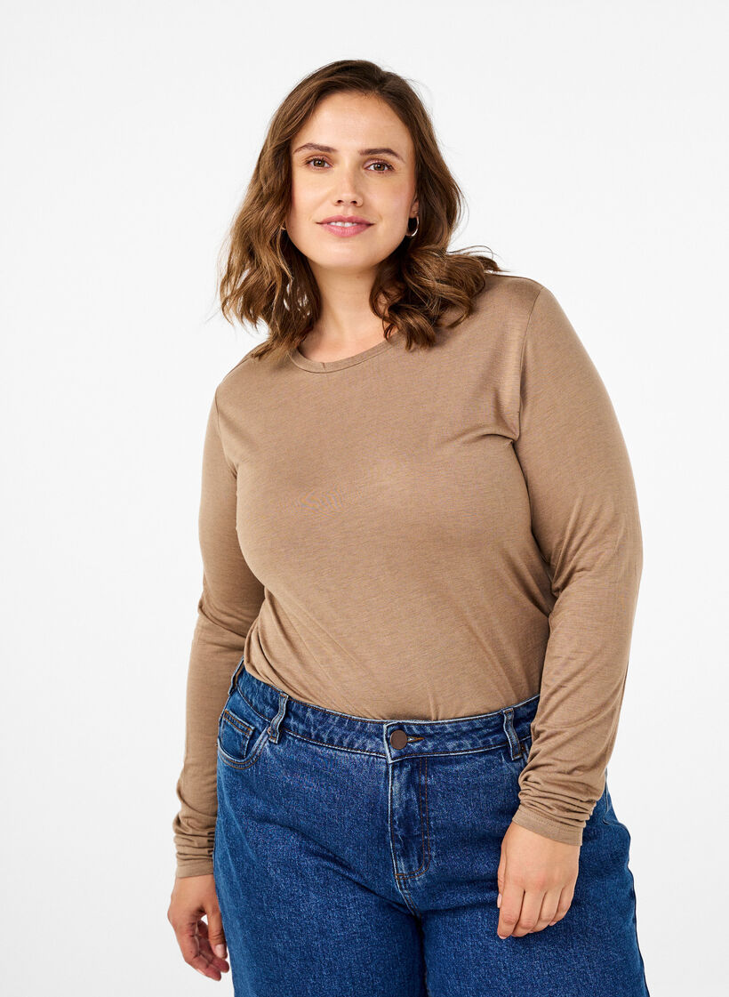 Lang&auml;rmelige Bluse aus Wolle und Viskose, Braun, Model image number 0