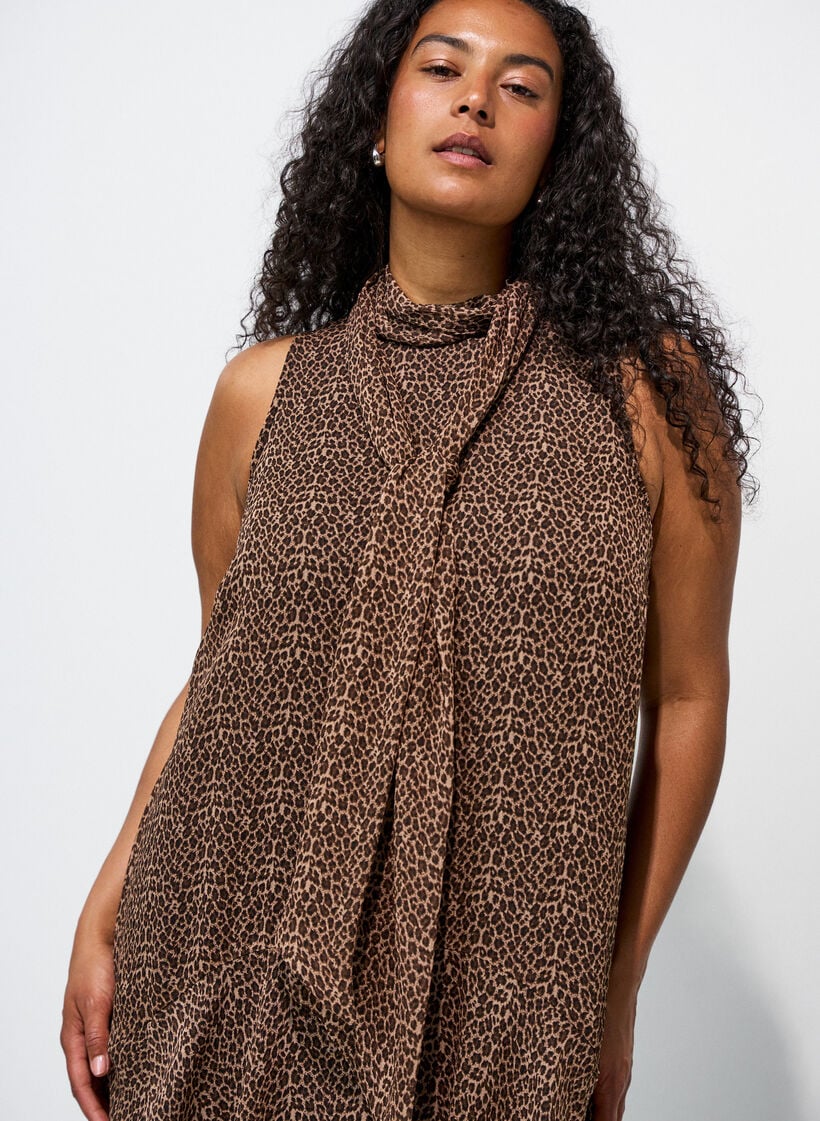 Midikleid aus Chiffon mit Leo-Print und Bindeband in der Taille, Braun, Model image number 2
