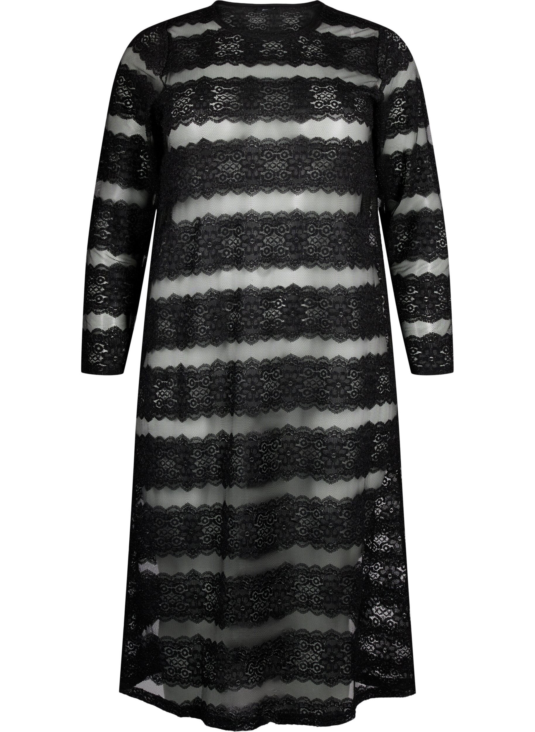 Zizzi Midikleid mit Spitze und transparentem Mesh, Black, Packshot image number 0