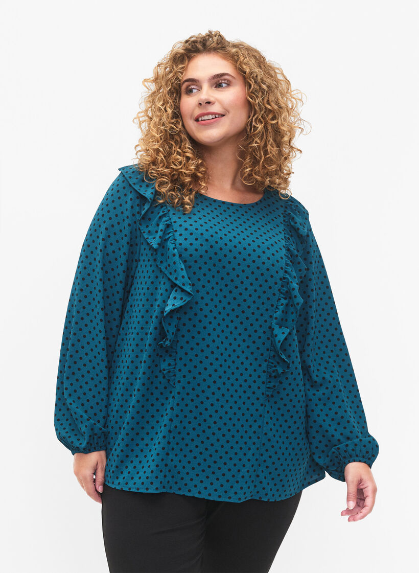 Langärmelige Bluse mit Rüschen, Shaded Spruce Dot, Model image number 0