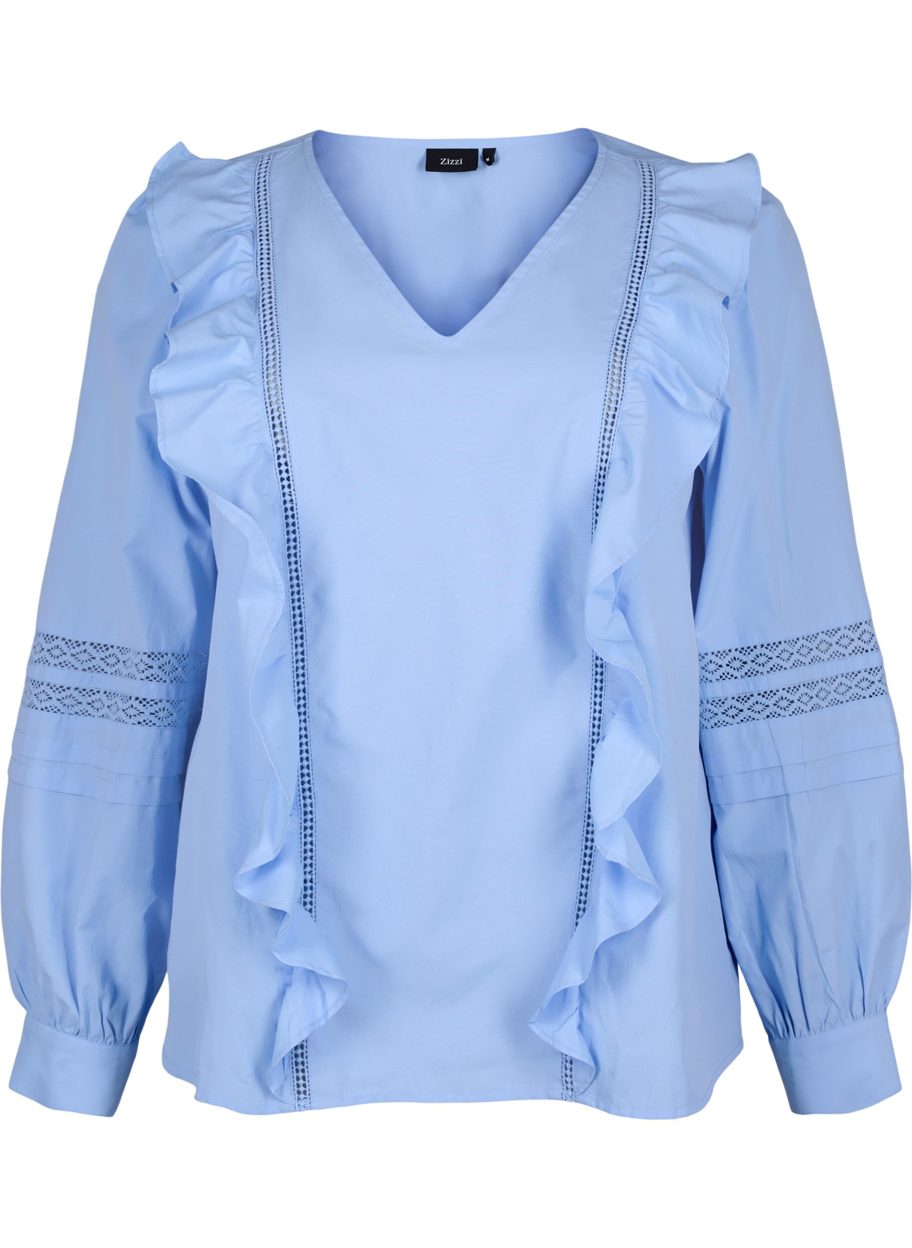 Zizzi Bluse mit Ruffles und Lace Trim, Blau, Packshot image number 0