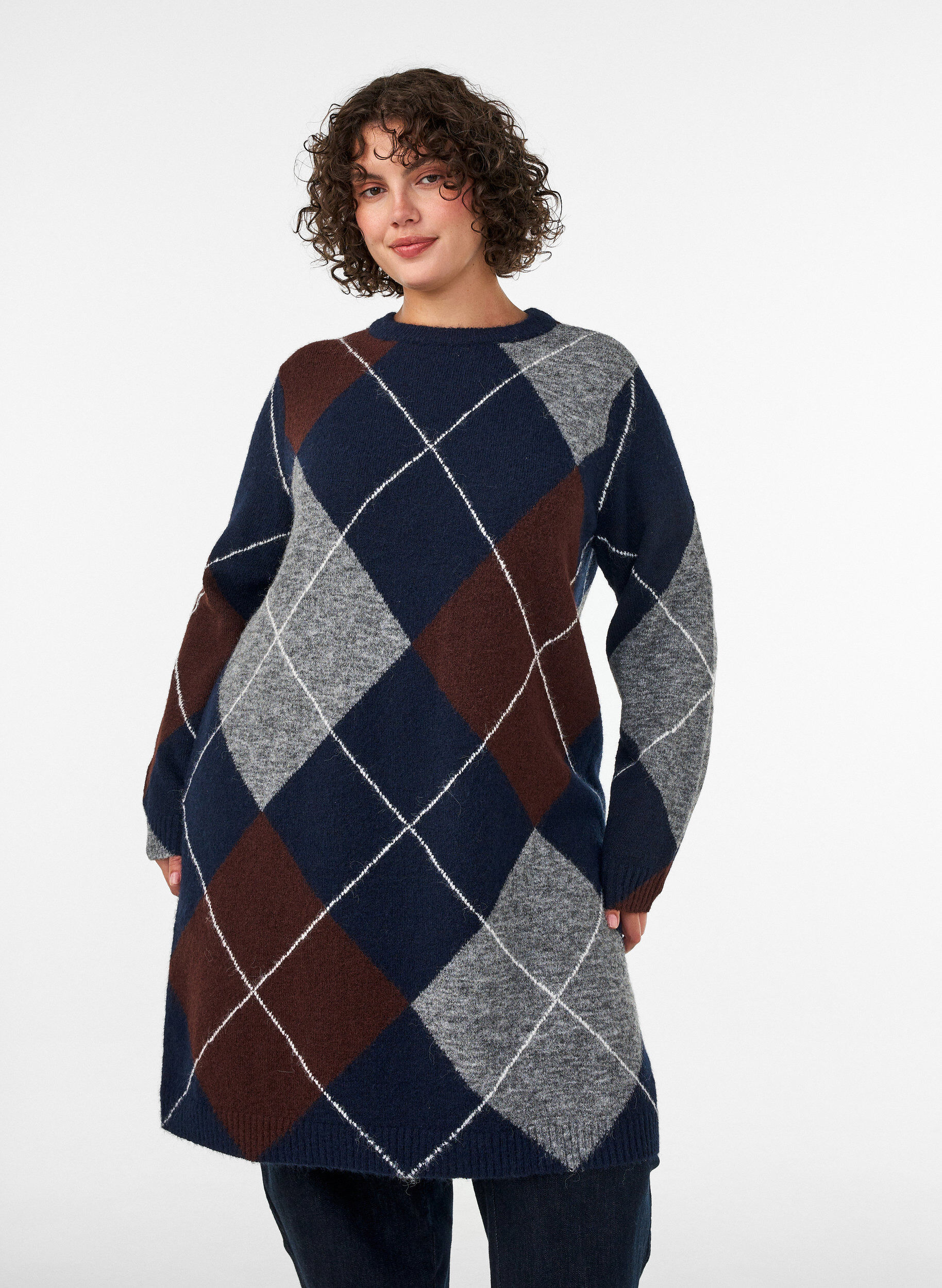 Strickkleid mit gro&szlig;em Karomuster, Blau, Model