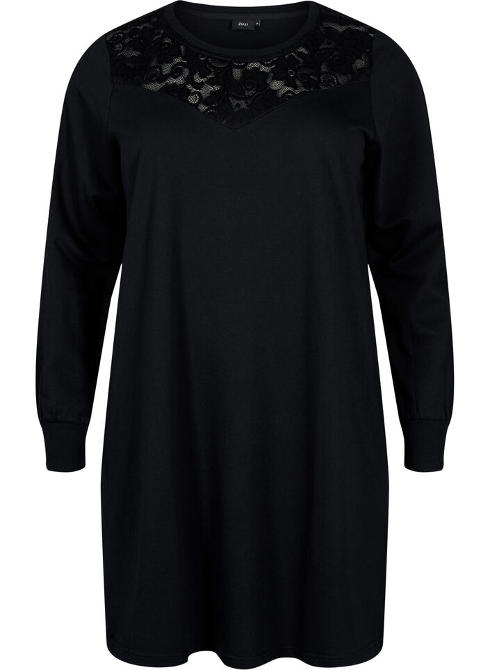 Kurzes Sweatkleid mit Spitzendetail, Black, Packshot image number 0