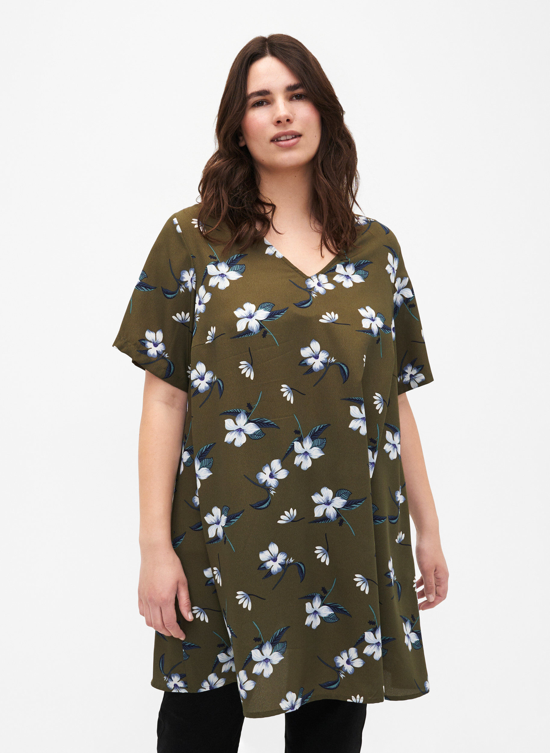 Zizzi FLASH - Tunika mit V-Ausschnitt und Print, Olive Night Flower, Model image number 0