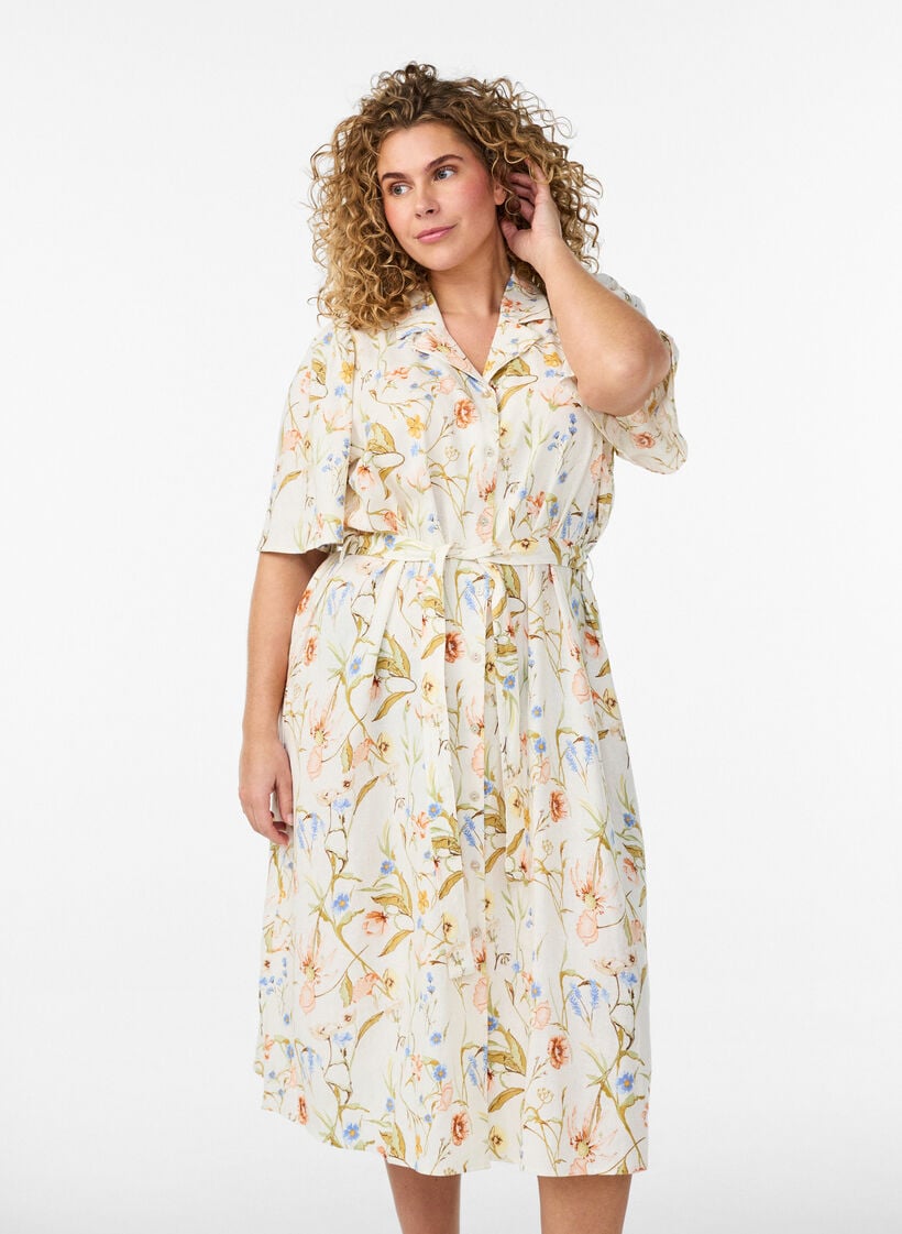 Hemdblusenkleid aus Leinen und Viskose mit Bindeg&uuml;rtel, Vanille, Model image number 0