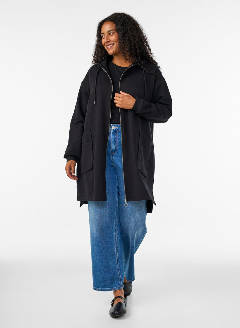 Langer Cardigan mit Kapuze und Rei&szlig;verschluss, Schwarz, Model image number 1