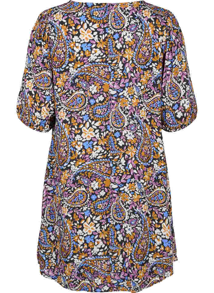 Kurzärmeliges Kleid aus Viskose mit Paisley-Print, Black G. Sky Paisley, Packshot image number 1