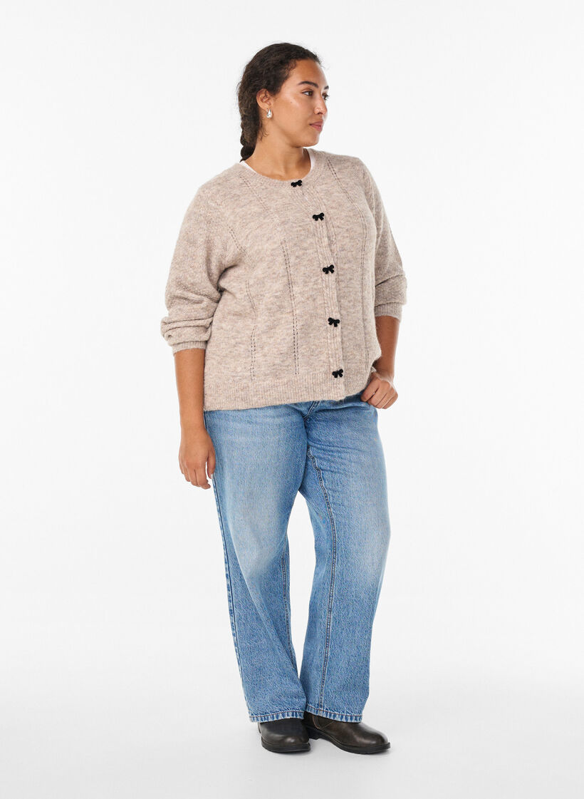 Cardigan mit Schleifenkn&ouml;pfen und Ajourmuster, Beige, Model image number 1