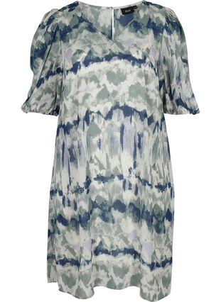 Kleid mit Print, Puffärmeln und V-Ausschnitt, Chinois Green AOP, Packshot image number 0