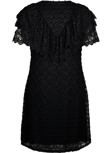 Kurzärmeliges Kleid aus Spitze mit breiten Rüschen, Black, Packshot image number 1