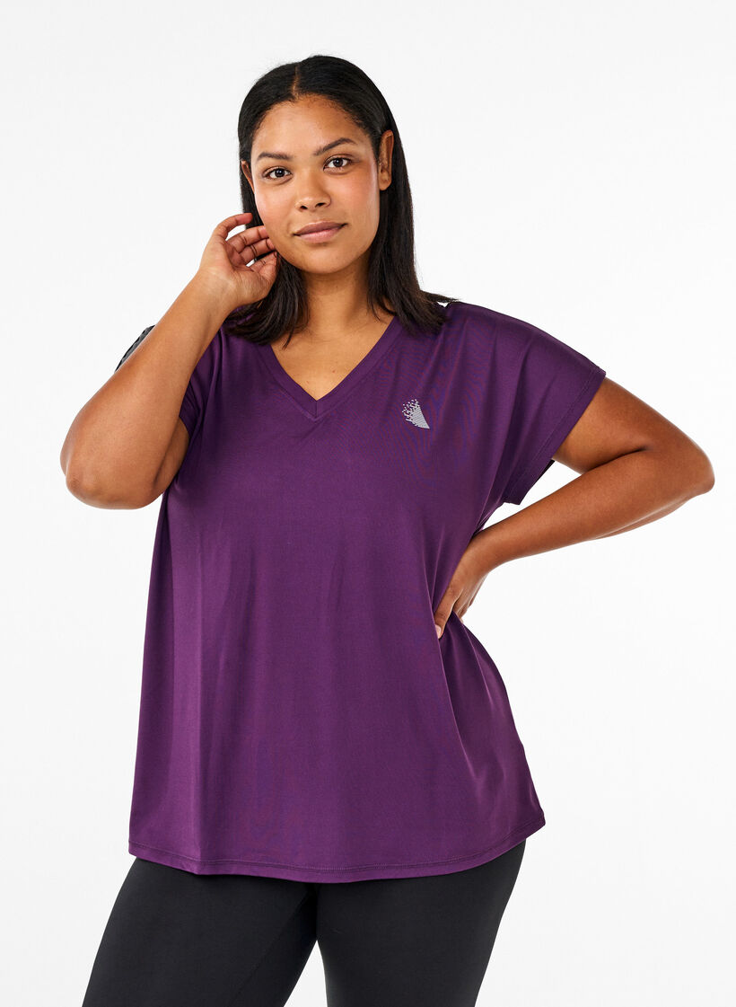 Lockeres Trainings-T-Shirt mit V-Ausschnitt, Lila, Model image number 0