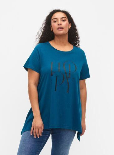 T-Shirt aus Baumwolle mit Textdruck, Blue Coral HAPPY, Model image number 0